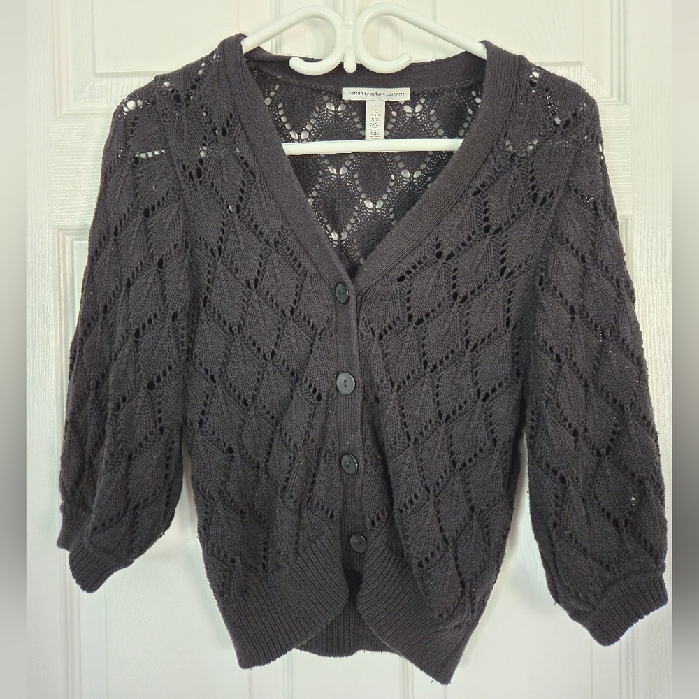 Puff Sleeve Pointelle Black Cardigan 100% Cotton by Autumn Cashmere Size S